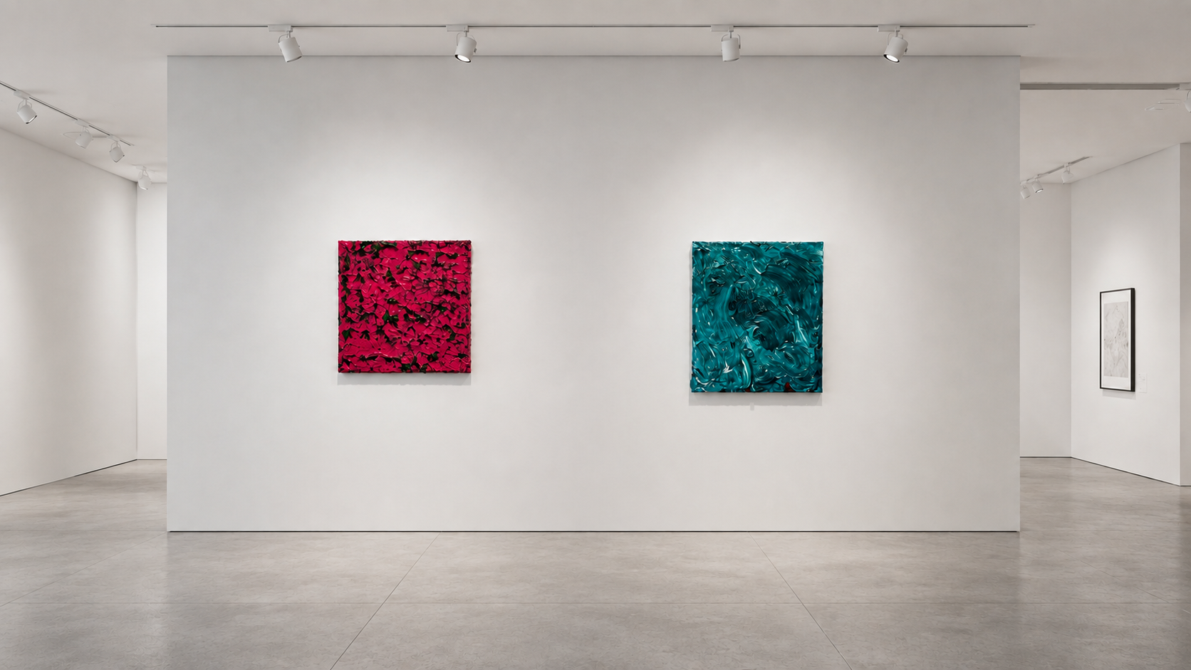 Gallery wall at A & O Fine Arts with two textured abstract canvases by Dan Byrne